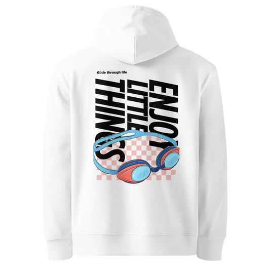 organic hoodie in white with colorful swim goggles and bold graphic text on the back, made from GOTS and OCS certified organic cotton