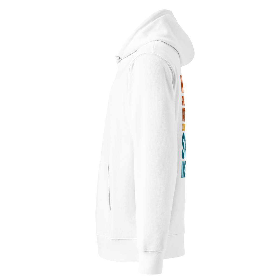 organic hoodie in white by Lane Line Threads with “Don’t go to work, swim instead” back graphic for fitness swimmers, made from GOTS and OCS certified cotton shown from the left side