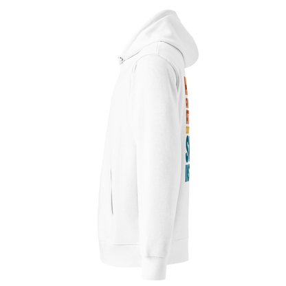 organic hoodie in white by Lane Line Threads with “Don’t go to work, swim instead” back graphic for fitness swimmers, made from GOTS and OCS certified cotton shown from the left side