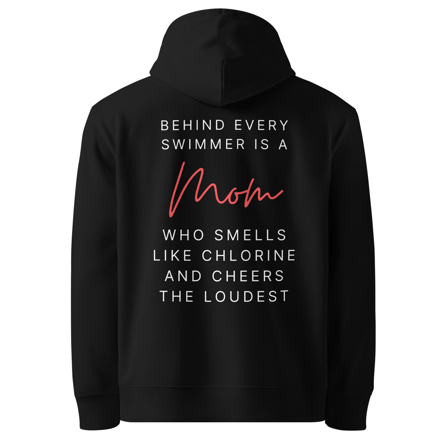 Organic hoodie black Lane Line Threads sweatshirt with quote about swim moms cheering the loudest on the back