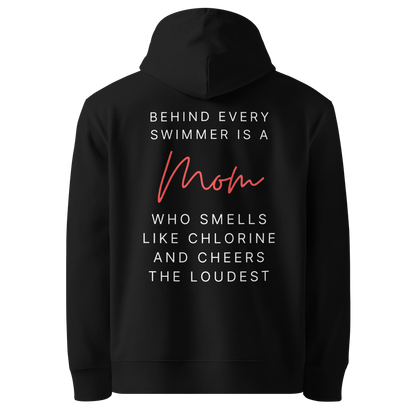 Organic hoodie black Lane Line Threads sweatshirt with quote about swim moms cheering the loudest on the back
