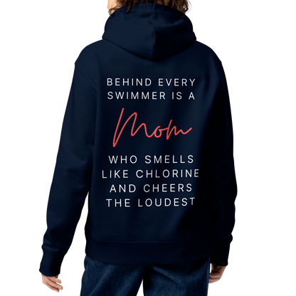 A person shown from the back wearing an organic hoodie navy Lane Line Threads sweatshirt with quote about swim moms cheering the loudest on the back, paired with dark blue jeans against a plain white background.