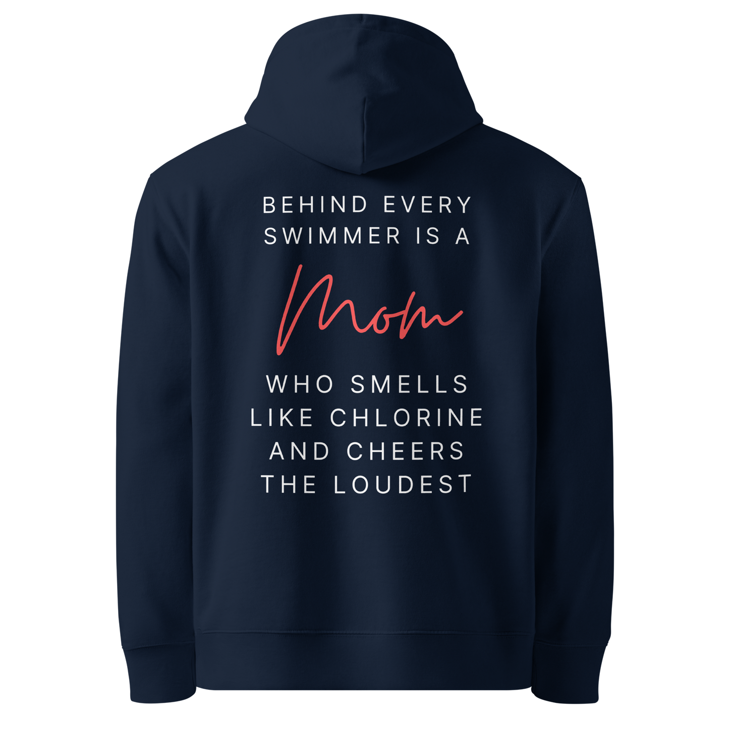 Organic hoodie navy Lane Line Threads sweatshirt with quote about swim moms cheering the loudest on the back