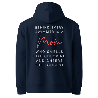 Organic hoodie navy Lane Line Threads sweatshirt with quote about swim moms cheering the loudest on the back