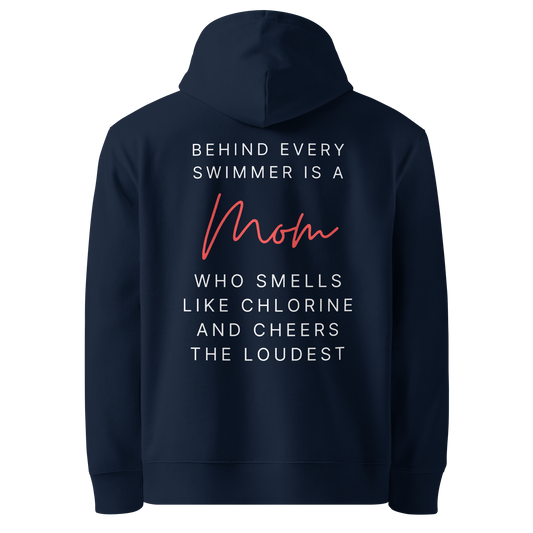 Organic hoodie navy Lane Line Threads sweatshirt with quote about swim moms cheering the loudest on the back