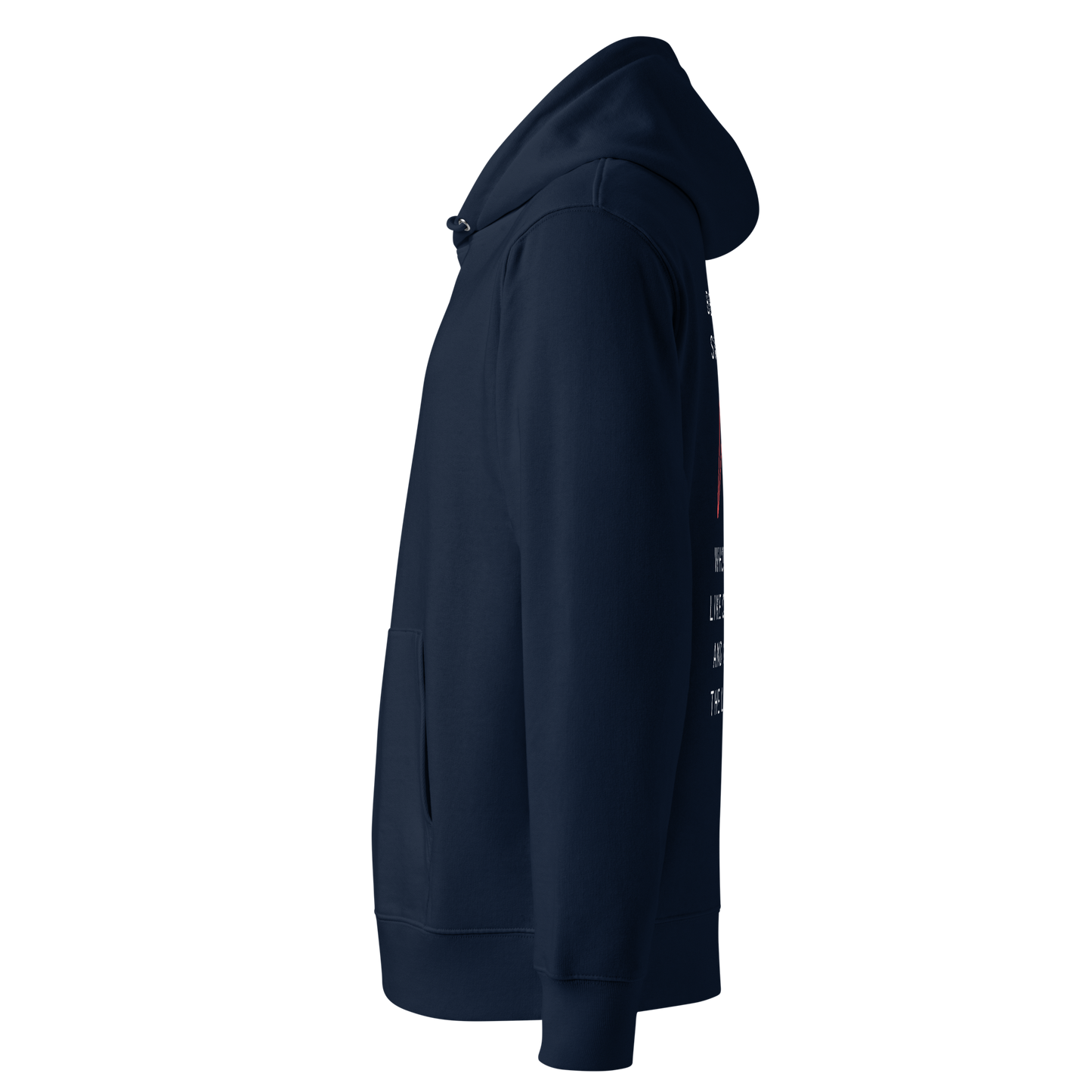 Organic hoodie navy Lane Line Threads sweatshirt with quote about swim moms cheering the loudest on the back shown from the left side