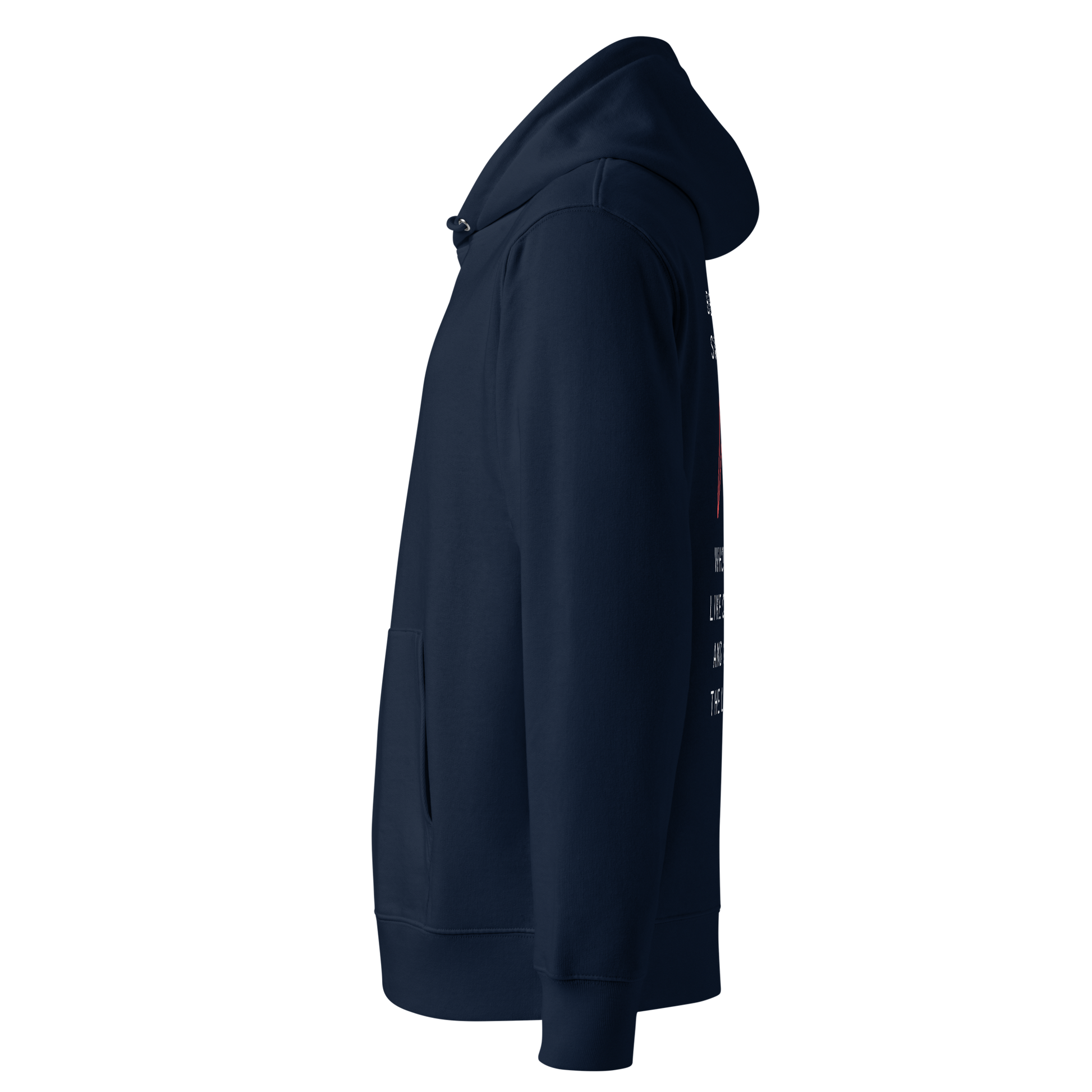 Organic hoodie navy Lane Line Threads sweatshirt with quote about swim moms cheering the loudest on the back shown from the left side