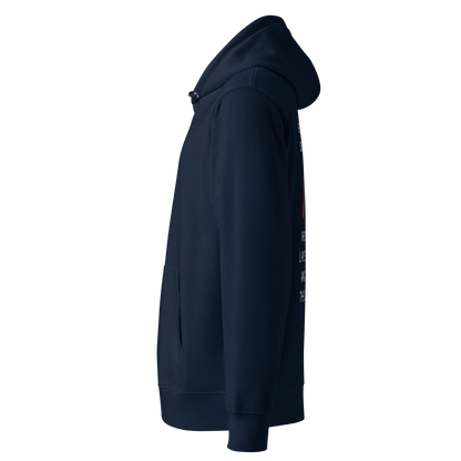 Organic hoodie navy Lane Line Threads sweatshirt with quote about swim moms cheering the loudest on the back shown from the left side