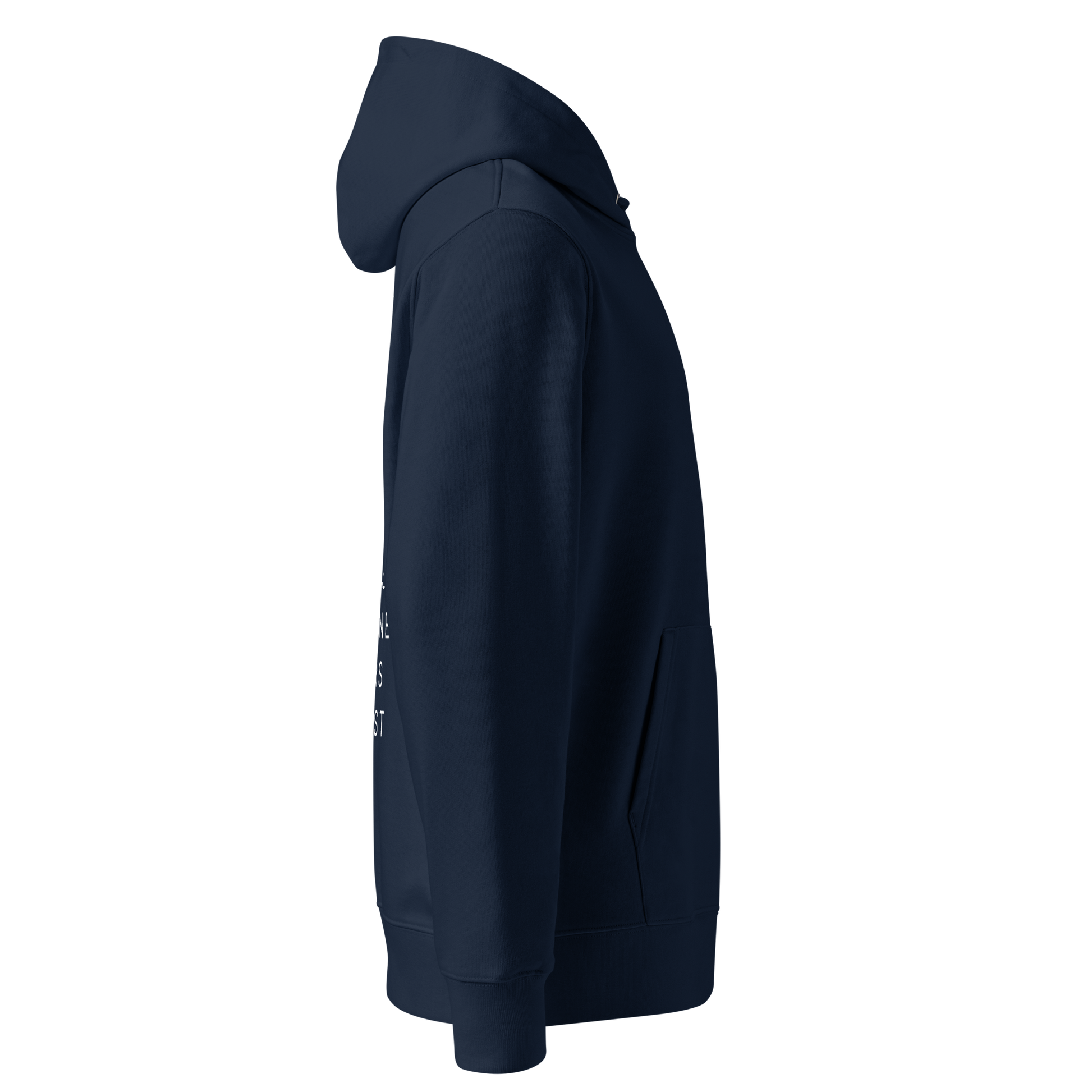 Organic hoodie navy Lane Line Threads sweatshirt with quote about swim moms cheering the loudest on the back shown from the right side