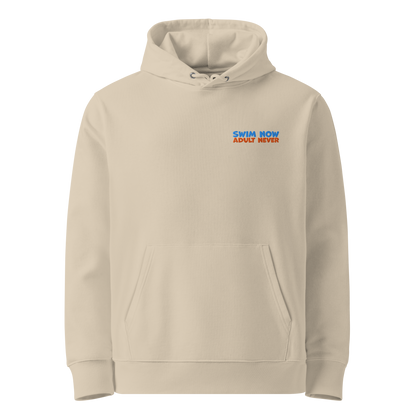 Organic hoodie in beige by Lane Line Threads featuring "Swim Now Adult Never" embroidery in blue and orange text, designed for post-swim skin health and GOTS certified comfort.