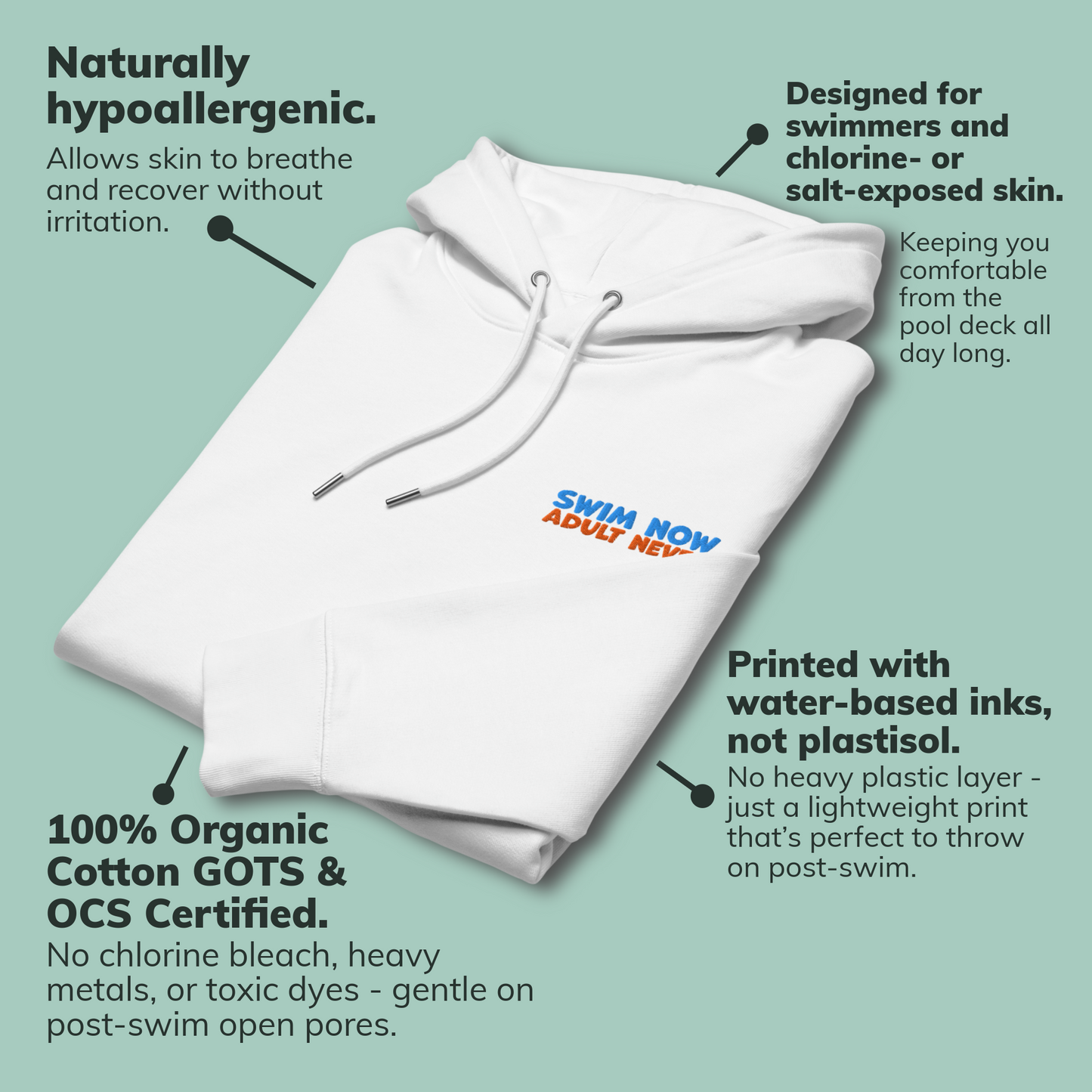 A folded white organic hoodie with drawstrings and a small blue and orange embroidered text 'SWIM NOW ADULT NEVER' by Lane Line Threads, shown on a pale green background with callout text describing product benefits.