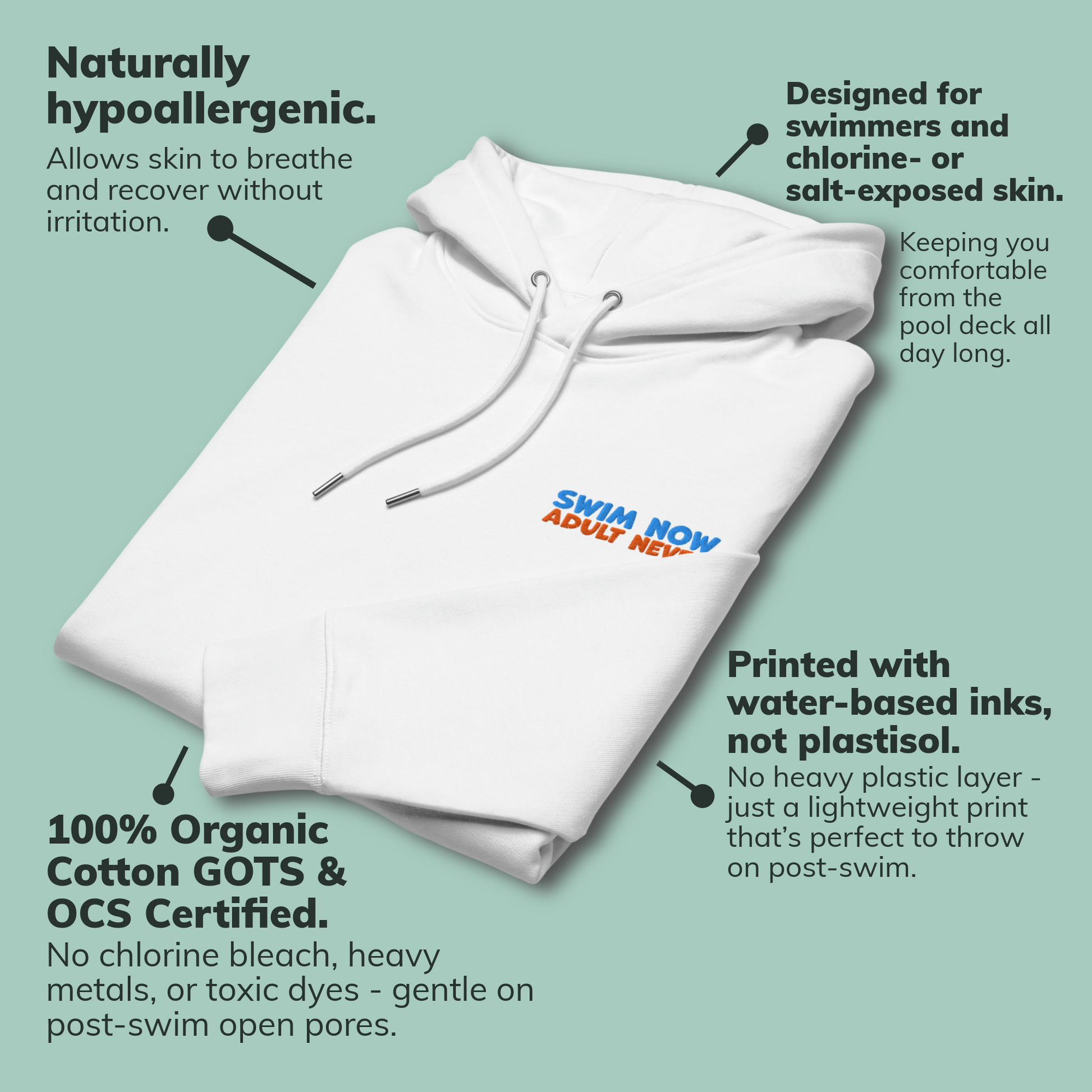 A folded white organic hoodie with drawstrings and a small blue and orange embroidered text 'SWIM NOW ADULT NEVER' by Lane Line Threads, shown on a pale green background with callout text describing product benefits.
