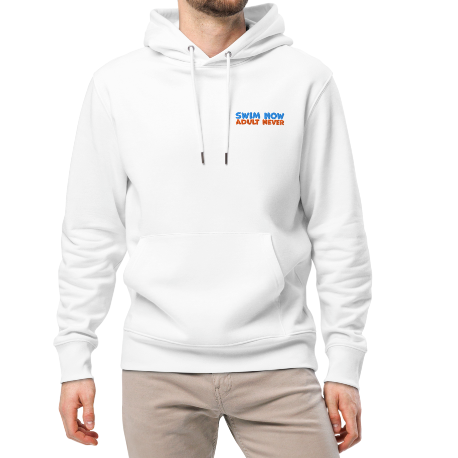 Man wearing a white organic hoodie designed for post-swim skin health and GOTS certified comfort by Lane Line Threads and beige pants on a white background