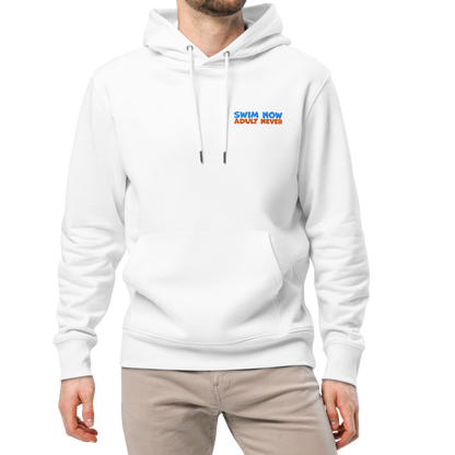 Man wearing a white organic hoodie designed for post-swim skin health and GOTS certified comfort by Lane Line Threads and beige pants on a white background