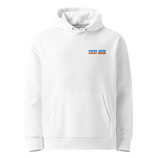Organic hoodie in white by Lane Line Threads featuring "Swim Now Adult Never" embroidery in blue and orange text, designed for post-swim skin health and GOTS certified comfort.