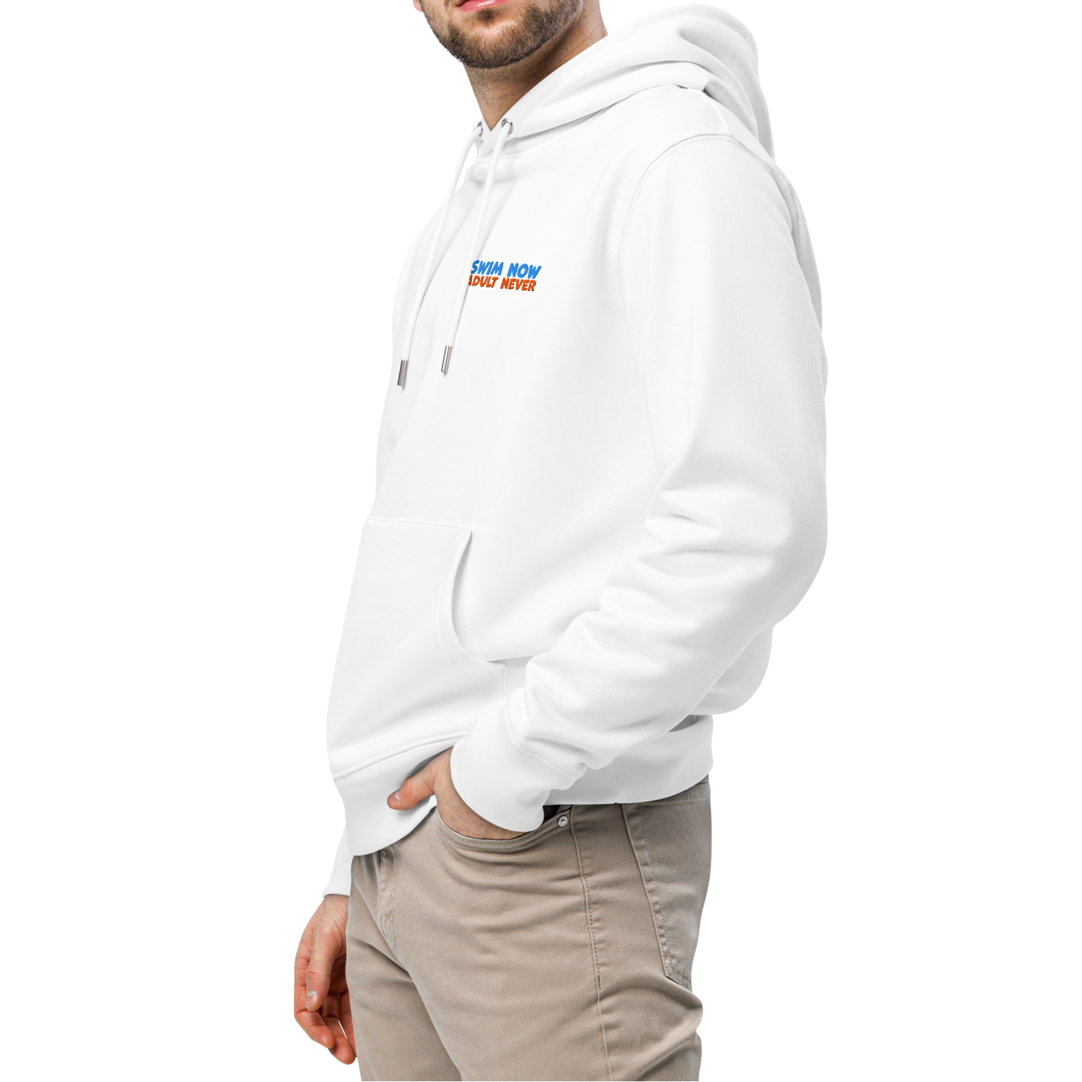 Man wearing a white organic hoodie with an embroidered text "swim now adult never" by Lane Line Threads designed for post-swim skin health and GOTS certified comfort.
