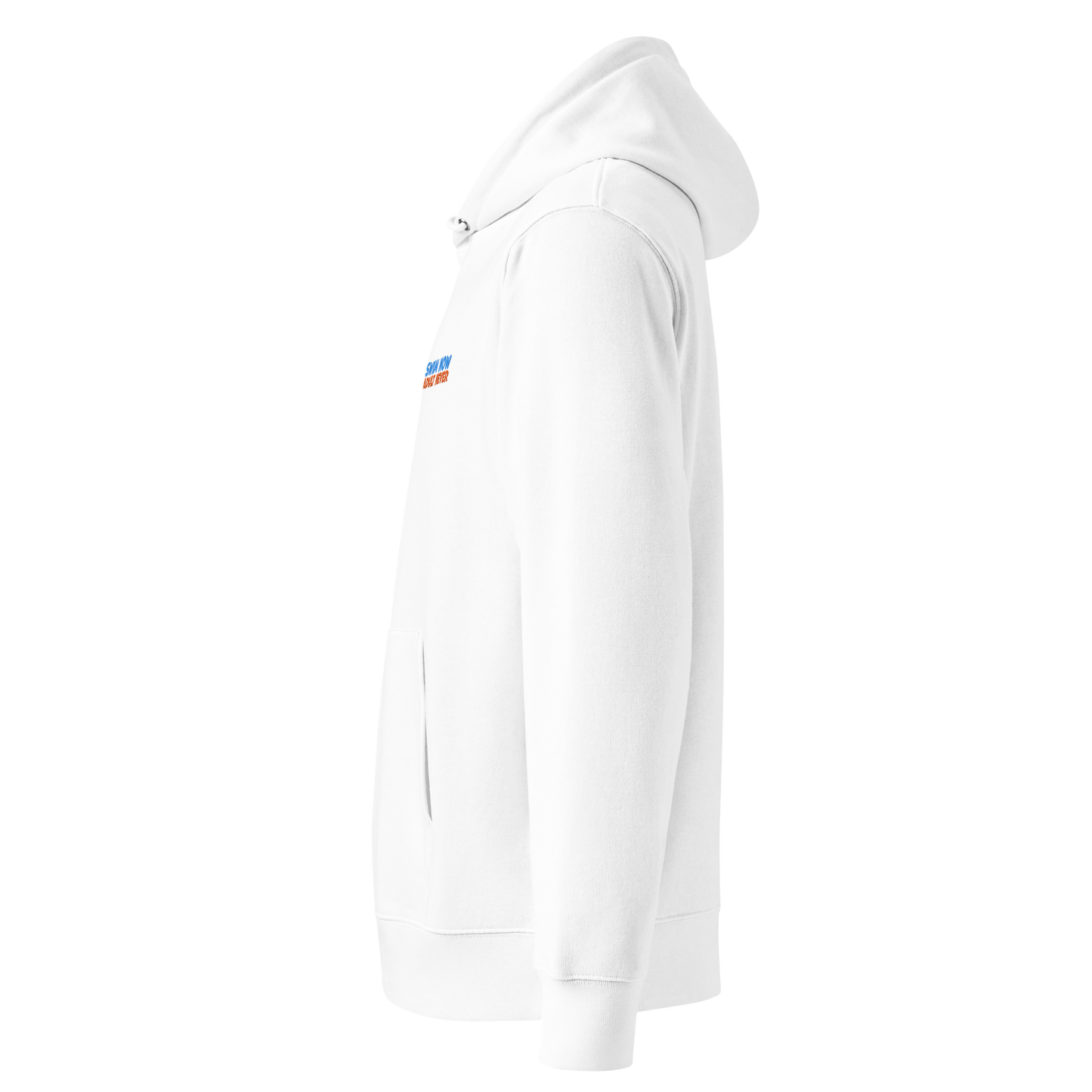 Organic hoodie in white with red and blue embroidered text showed from the left side designed for post-swim skin health and GOTS certified comfort.