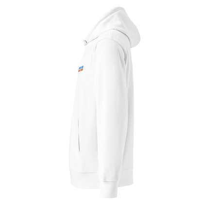 Organic hoodie in white with red and blue embroidered text showed from the left side designed for post-swim skin health and GOTS certified comfort.