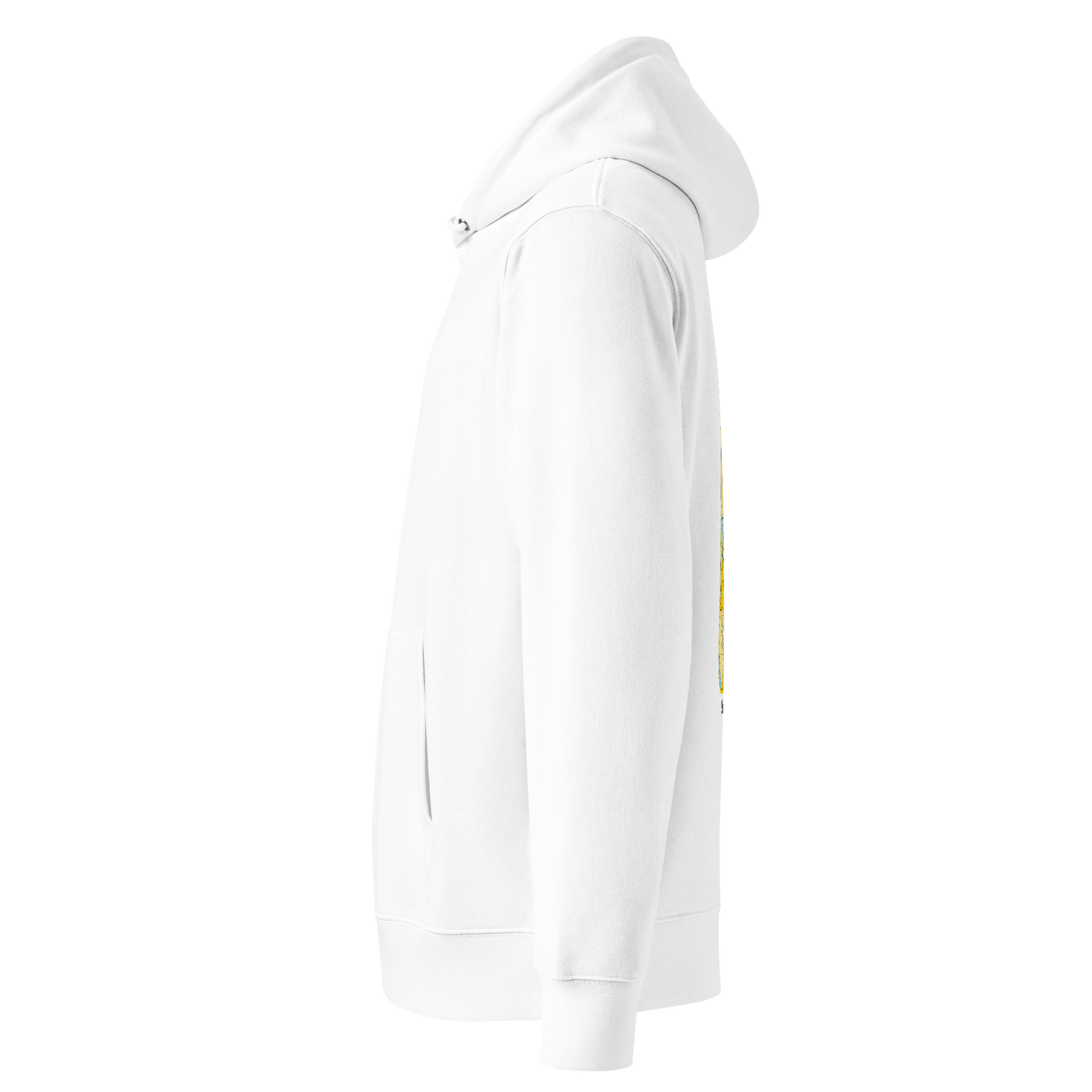 A white organic hoodie by Lane Line Threads shown from the back, featuring a large graphic print of cartoon yellow swim chicks wearing pink caps and blue swim trunks, with the text 'Sink or swim' printed below the graphic shown from the left side
