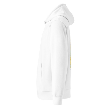 A white organic hoodie by Lane Line Threads shown from the back, featuring a large graphic print of cartoon yellow swim chicks wearing pink caps and blue swim trunks, with the text 'Sink or swim' printed below the graphic shown from the left side