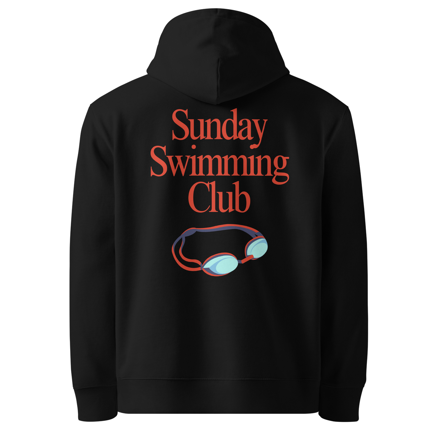 Organic hoodie black Lane Line Threads sweatshirt with Sunday Swimming Club text and swim goggles graphic on the back