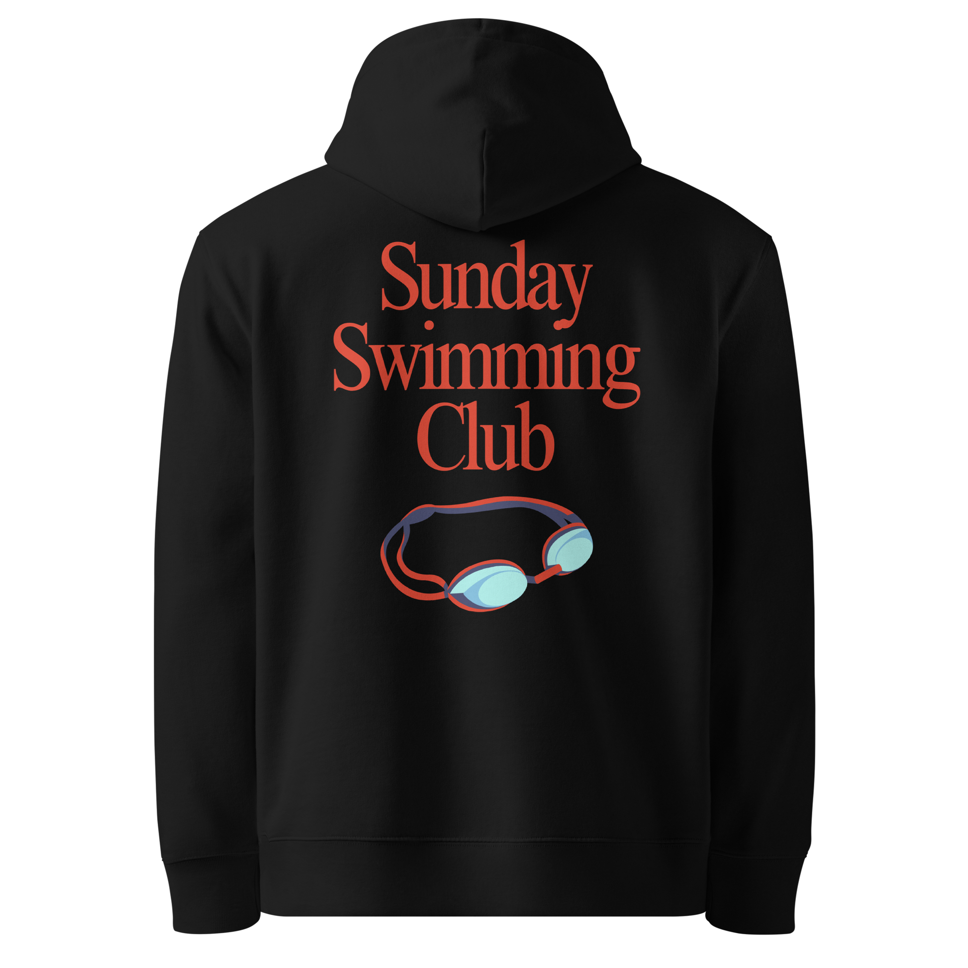 Organic hoodie black Lane Line Threads sweatshirt with Sunday Swimming Club text and swim goggles graphic on the back