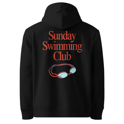 Organic hoodie black Lane Line Threads sweatshirt with Sunday Swimming Club text and swim goggles graphic on the back