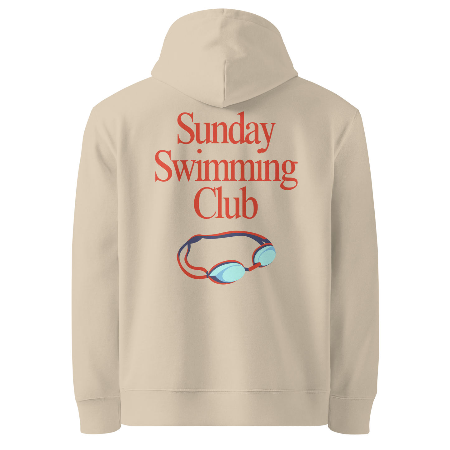 Organic hoodie beige Lane Line Threads sweatshirt with Sunday Swimming Club text and swim goggles graphic on the back