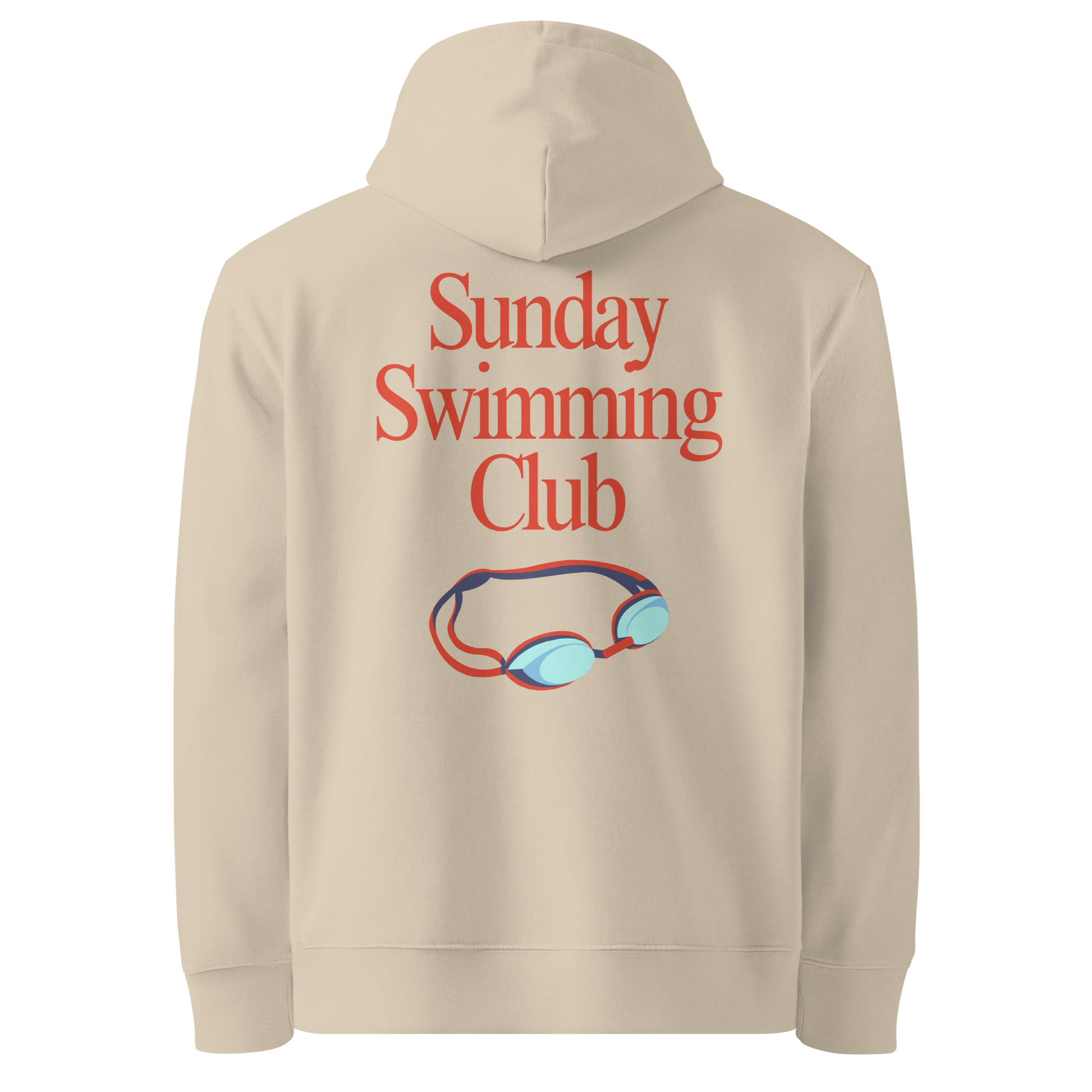 Organic hoodie beige Lane Line Threads sweatshirt with Sunday Swimming Club text and swim goggles graphic on the back