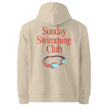 Organic hoodie beige Lane Line Threads sweatshirt with Sunday Swimming Club text and swim goggles graphic on the back