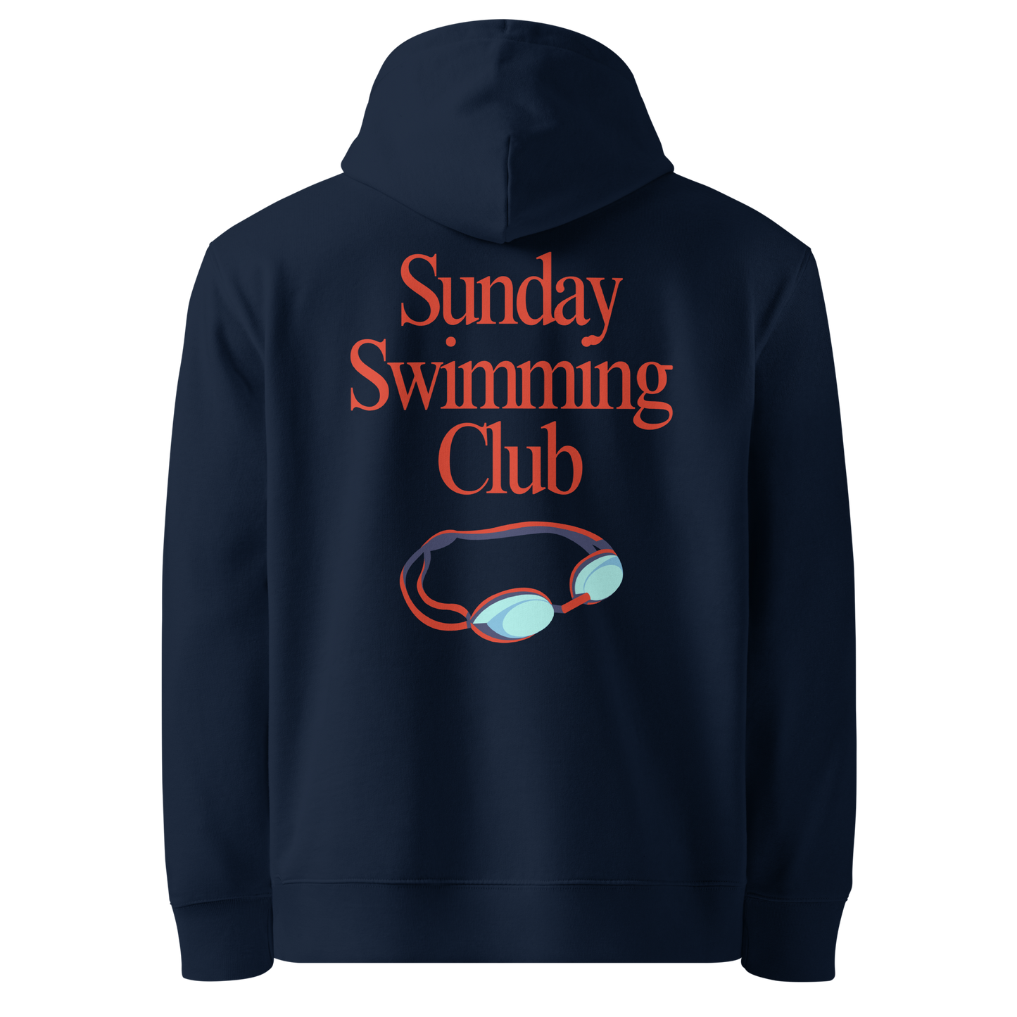 Organic hoodie navy-blue Lane Line Threads sweatshirt with Sunday Swimming Club text and swim goggles graphic on the back