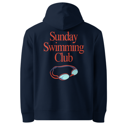 Organic hoodie navy-blue Lane Line Threads sweatshirt with Sunday Swimming Club text and swim goggles graphic on the back