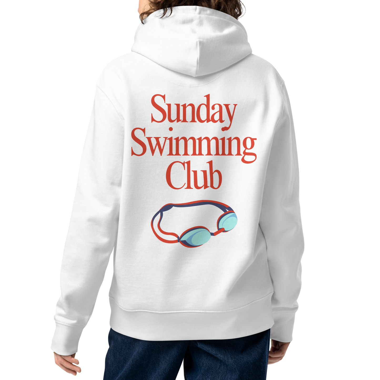 A female person shown from the back wearing an organic hoodie white Lane Line Threads sweatshirt with Sunday Swimming Club text and swim goggles graphic on the back, against a plain white background.