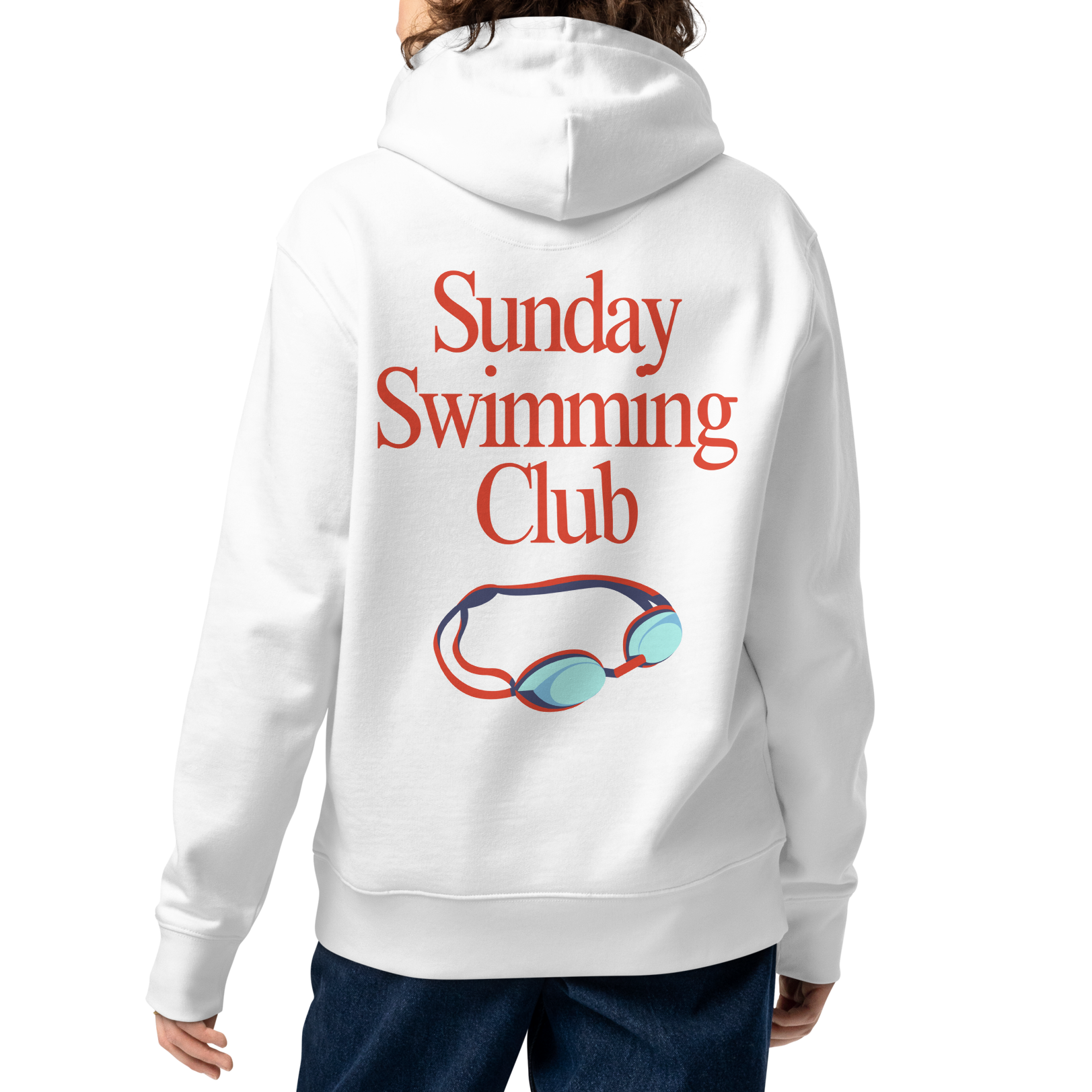 A female person shown from the back wearing an organic hoodie white Lane Line Threads sweatshirt with Sunday Swimming Club text and swim goggles graphic on the back, against a plain white background.