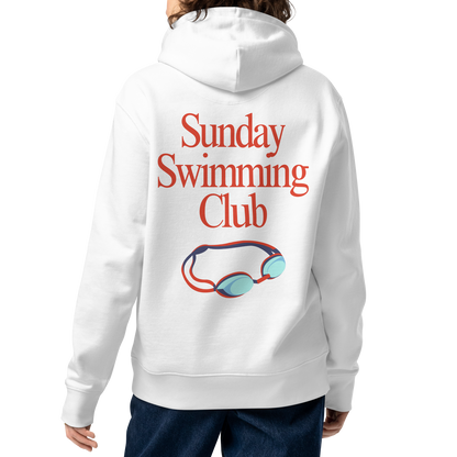 A female person shown from the back wearing an organic hoodie white Lane Line Threads sweatshirt with Sunday Swimming Club text and swim goggles graphic on the back, against a plain white background.