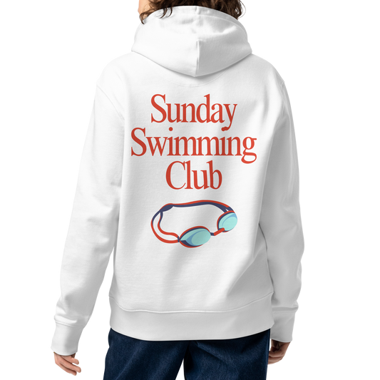 A female person shown from the back wearing an organic hoodie white Lane Line Threads sweatshirt with Sunday Swimming Club text and swim goggles graphic on the back, against a plain white background.
