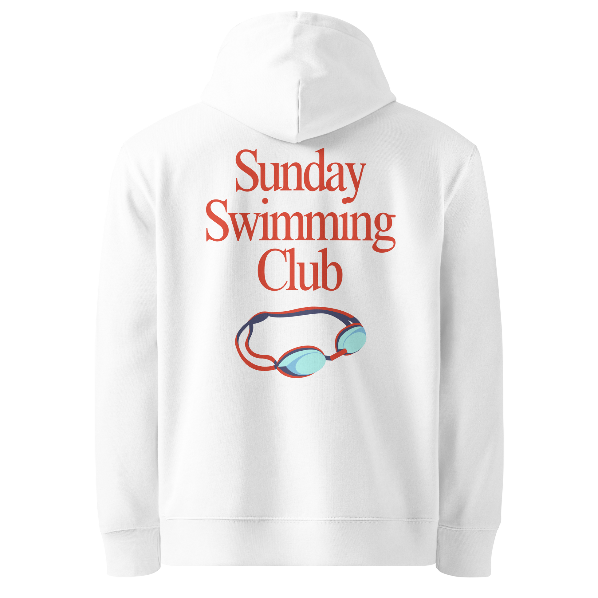 Organic hoodie white Lane Line Threads sweatshirt with Sunday Swimming Club text and swim goggles graphic on the back