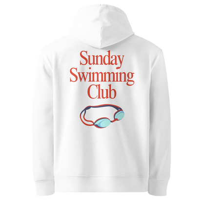 Organic hoodie white Lane Line Threads sweatshirt with Sunday Swimming Club text and swim goggles graphic on the back