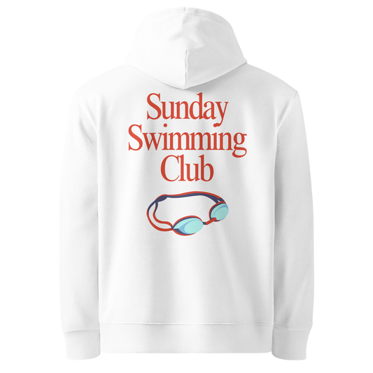 Organic hoodie white Lane Line Threads sweatshirt with Sunday Swimming Club text and swim goggles graphic on the back