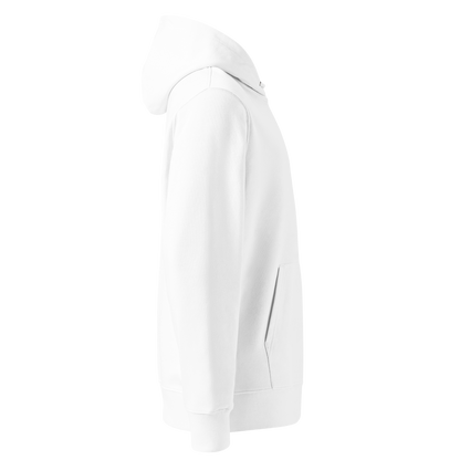 Organic hoodie white Lane Line Threads sweatshirt with Sunday Swimming Club text and swim goggles graphic on the back shown from the right side