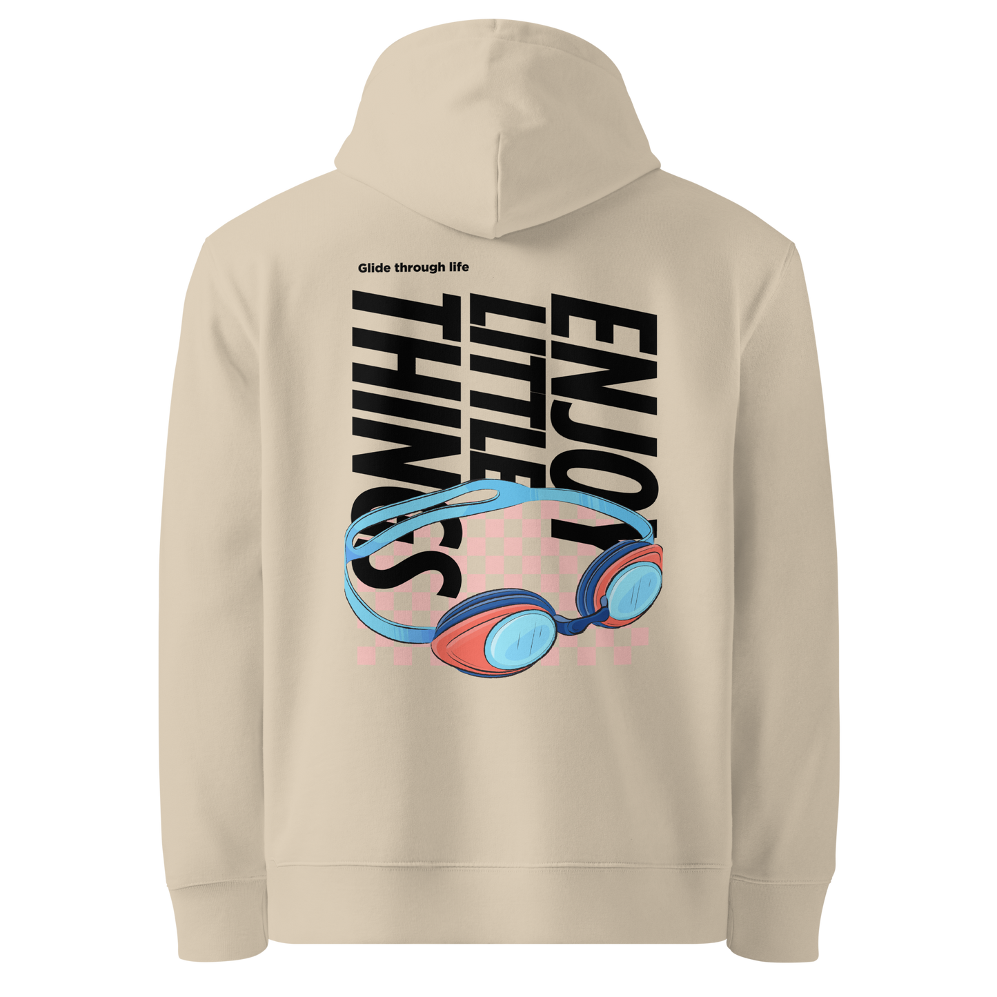 organic hoodie in beige with colorful swim goggles and bold graphic text on the back, made from GOTS and OCS certified organic cotton