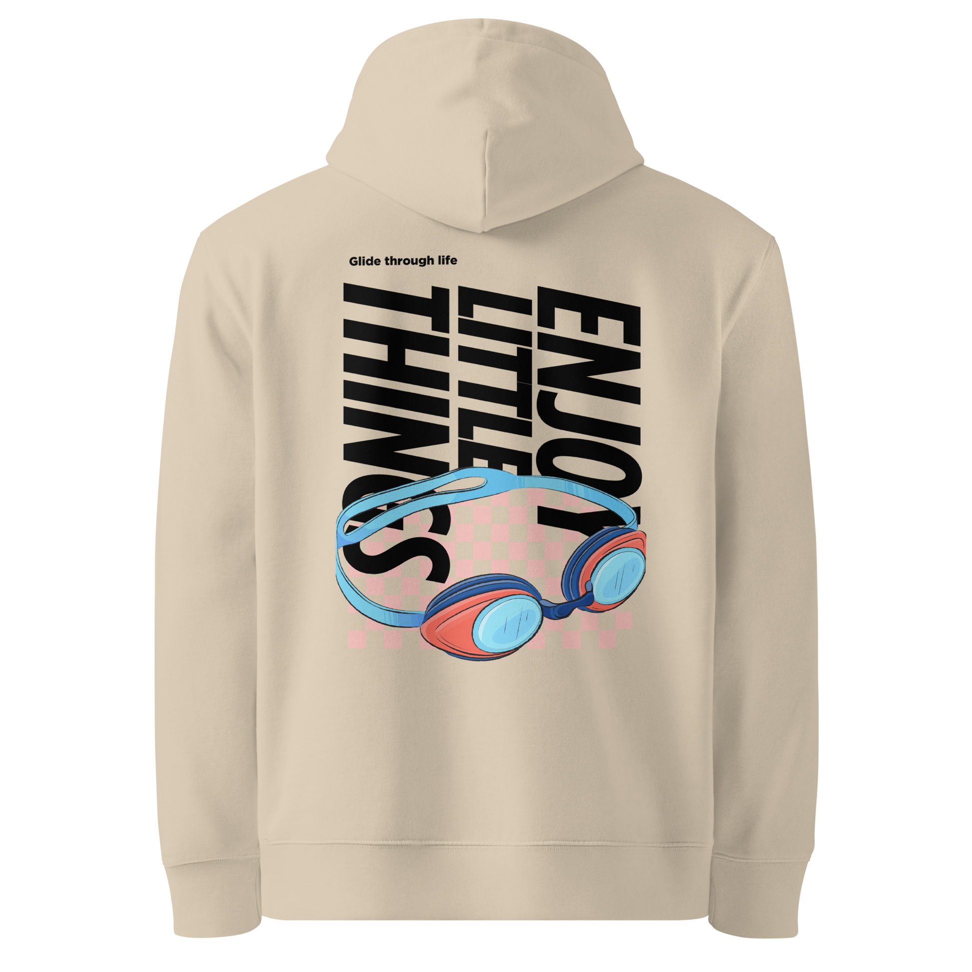 organic hoodie in beige with colorful swim goggles and bold graphic text on the back, made from GOTS and OCS certified organic cotton