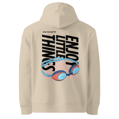 organic hoodie in beige with colorful swim goggles and bold graphic text on the back, made from GOTS and OCS certified organic cotton