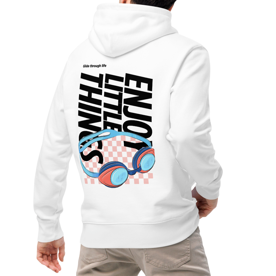 A man shown from the back wearing an organic hoodie in white with colorful swim goggles and bold graphic text on the back, made from GOTS and OCS certified organic cotton, paired with beige pants and white sneakers, against a plain white background