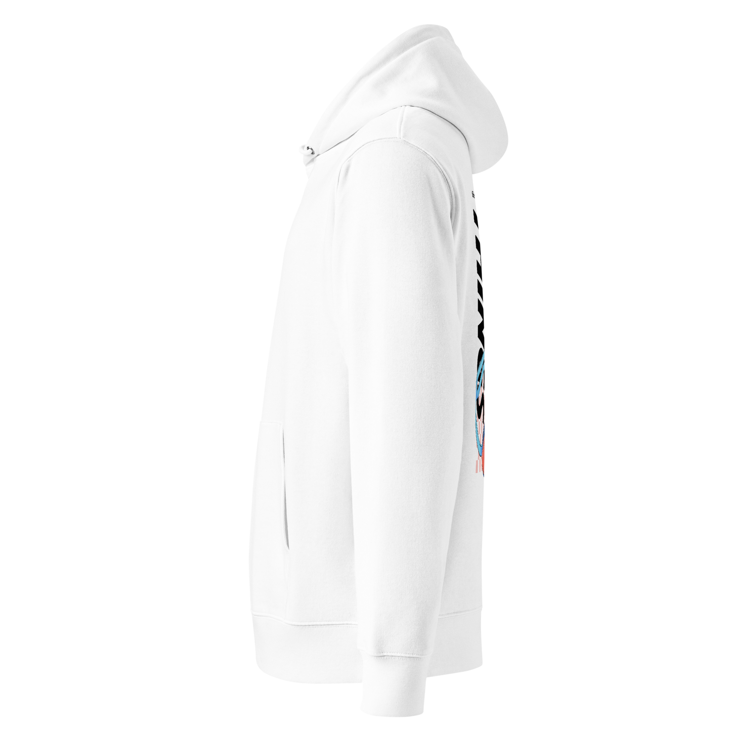 organic hoodie in white with colorful swim goggles and bold graphic text on the back, made from GOTS and OCS certified organic cotton shown from the left side