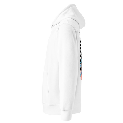 organic hoodie in white with colorful swim goggles and bold graphic text on the back, made from GOTS and OCS certified organic cotton shown from the left side