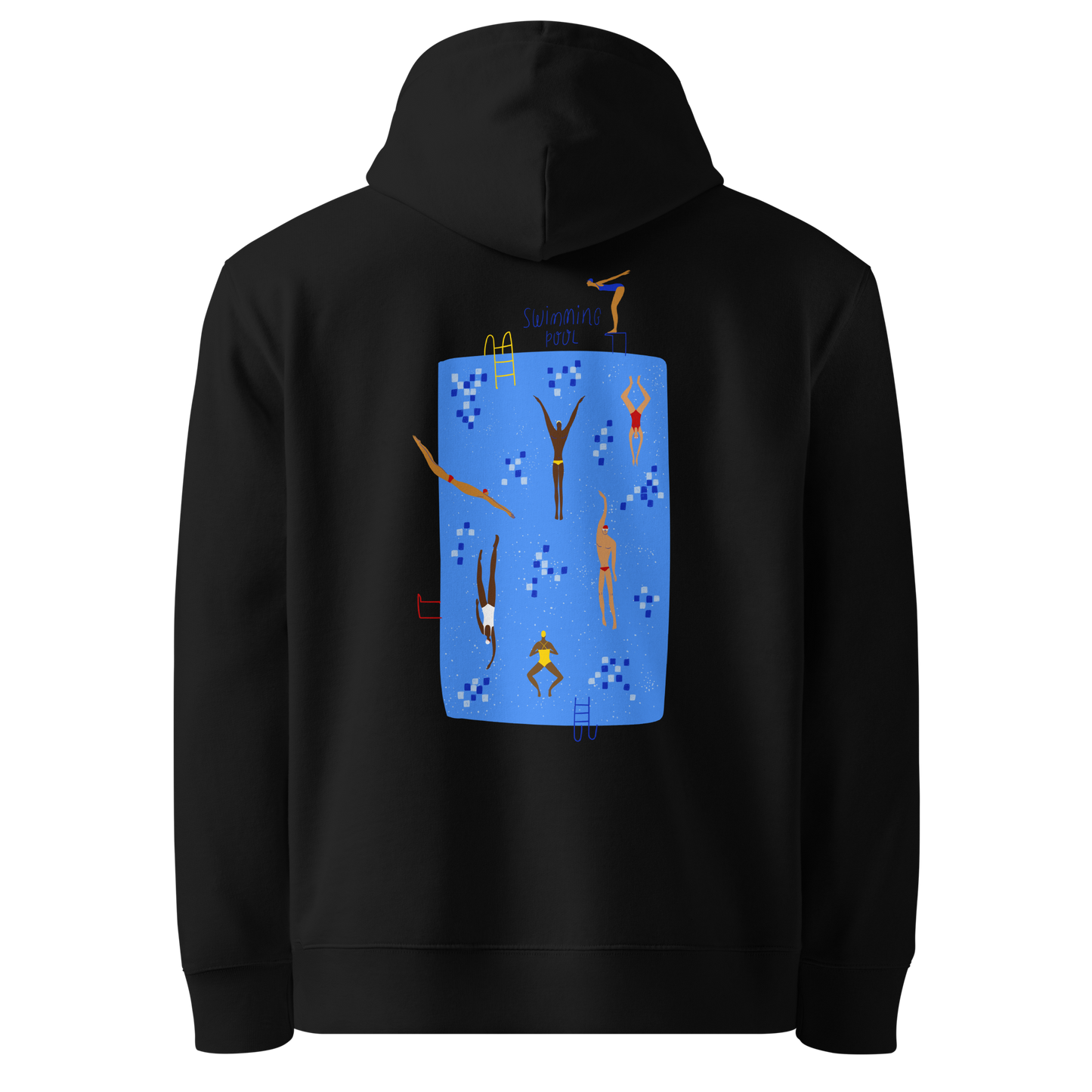Organic hoodie black Lane Line Threads sweatshirt with blue swimming pool graphic and illustrated swimmers on the back