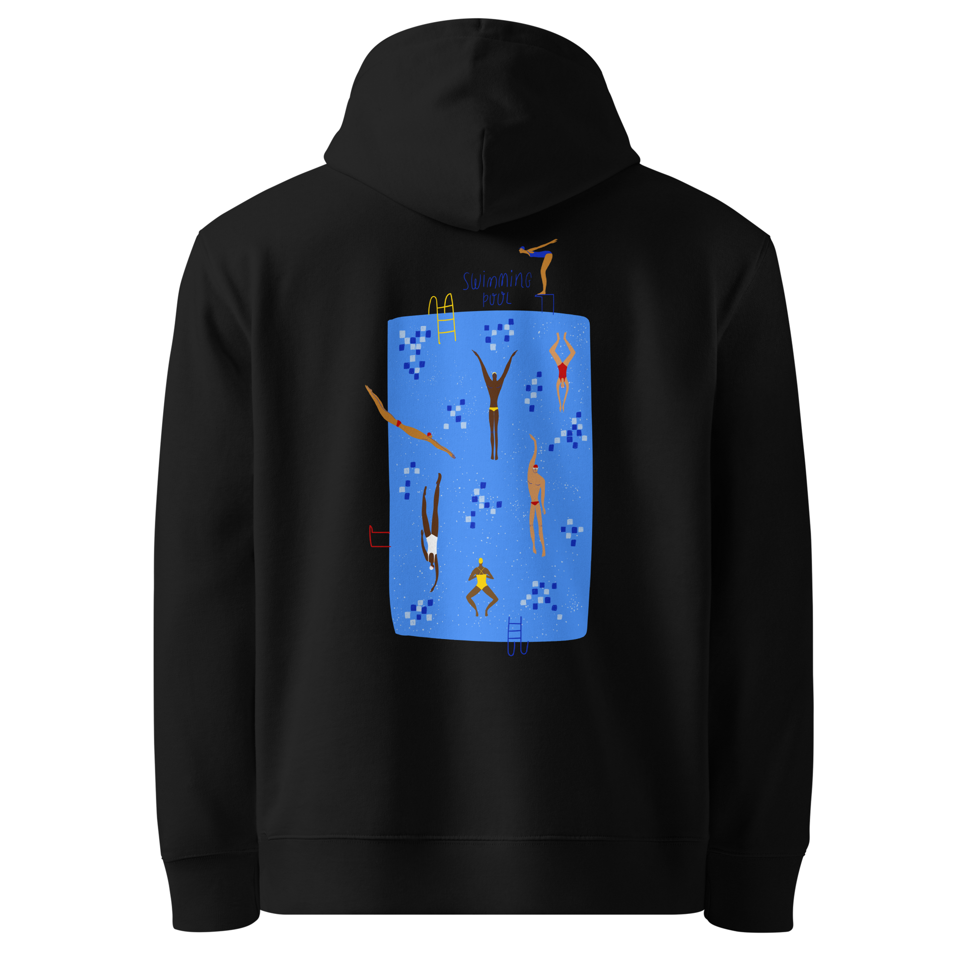 Organic hoodie black Lane Line Threads sweatshirt with blue swimming pool graphic and illustrated swimmers on the back