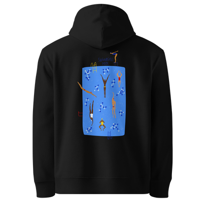 Organic hoodie black Lane Line Threads sweatshirt with blue swimming pool graphic and illustrated swimmers on the back