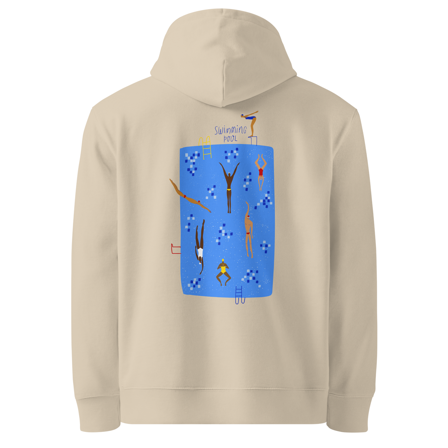 Organic hoodie beige Lane Line Threads sweatshirt with blue swimming pool graphic and illustrated swimmers on the back